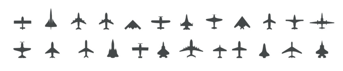 Set of jet plane, top view icons. Black silhouette airplanes, jets, airliners and retro planes. Isolated vector illustration