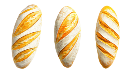 Set of loaf of wheat bread showing its golden crust and soft interior, isolated on white transparent background.