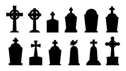 set of tombstone silhouette vector on tranparent background