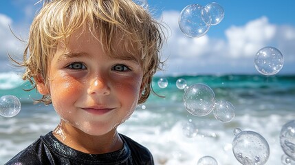 Joyful Child Playing with Bubbles by the Ocean