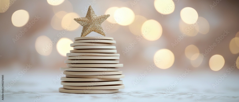 Poster golden star on stack of wooden circles with soft bokeh background
