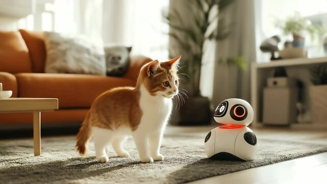 A cat standing side by side with a robot cat in a cozy living room, Pets and technology	