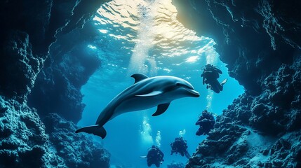 Naklejka premium Dolphin swims past divers in underwater cave with sunlight and bubbling air