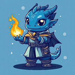 A charming little blue dragon mage holding a fiery flame.
