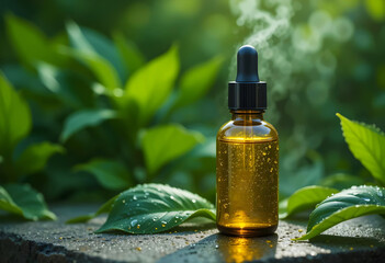 Glass Dropper Bottle Of Organic Face Oil, With Water Droplets Glistening On The Surface, Surrounded By Lush Green Leaves, Studio Shot Product Photography Concepts