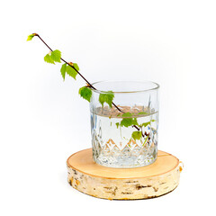 A glass of birch sap and a birch branch with young leaves on a wooden birch coaster on a white background