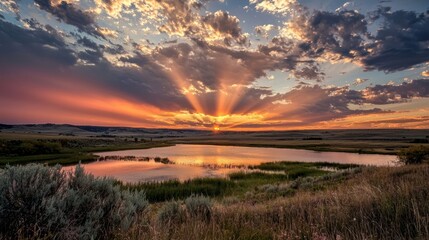 A dramatic sunrise with sun rays bursting through the clouds.
