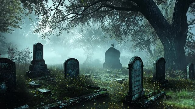 Misty graveyard with tombstones under a large tree