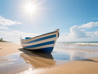 Obraz premium Blue and White Striped Boat by the Shore