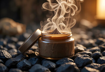 Clay Mask Jar With Steam Rising From The Opened Lid, Swirling Around The Mask On a Rocks Hard Surface,Studioshot Product Photograpy Concepts