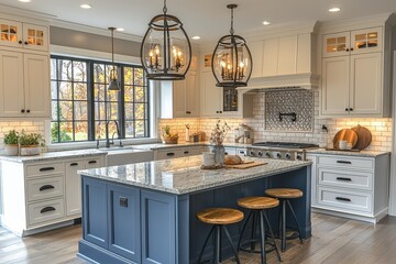  Open-concept kitchen with white cabinets, navy blue island, and quartz countertop, offering a modern, clean, and elegant design.