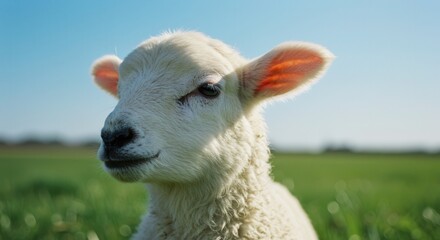 Fototapeta premium Close up of a lamb in a green field under a blue sky. Gentle and peaceful, a common symbol in religious narratives. Natural light.