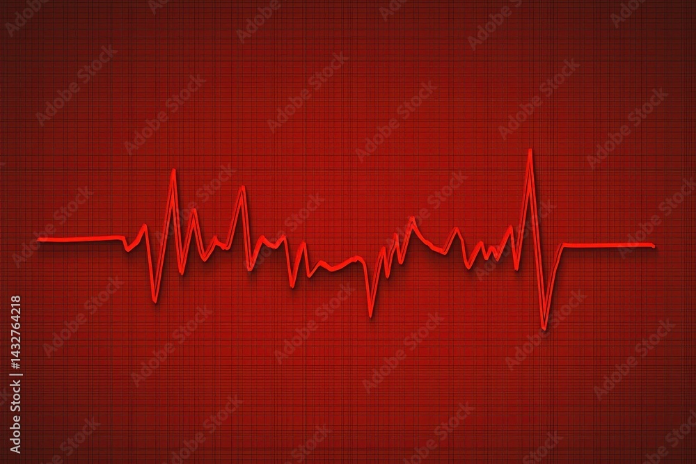 Poster heartbeat line on red background with grid pattern design