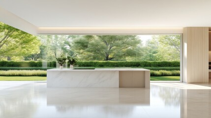 Fototapeta premium Bright, minimalist kitchen interior with a large island and expansive window overlooking a lush green garden.