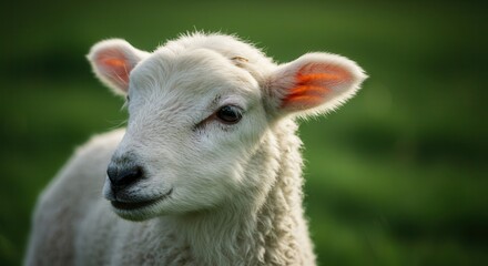 Fototapeta premium Close up of a lamb, gentle and peaceful, a common symbol in religious narratives, natural light, cinematic.