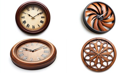 Four unique wall clocks; two classic, two modern designs.