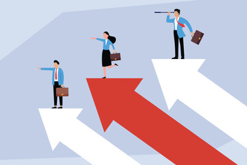 Fototapeta premium three business professionals on ascending white arrows