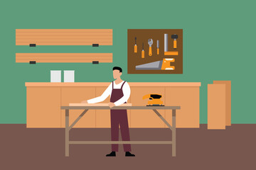 carpenter working in a workshop, sanding a piece of wood on a workbench with an electric sander