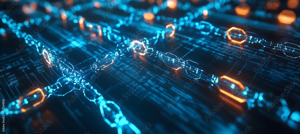 Poster a blockchain-powered supply chain network glowing with verified transactions and revolutionizing glo