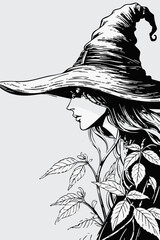 A highly stylized, schematized witch's hat, reminiscent of manga art, set against a stark white background, with a single medicinal plant's profile in bold, expressive lines, black and white