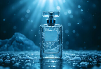 Glass Perfume Bottle Covered In Delicate Frost Crystals, Placed On A Cold Reflective Glass Surface, Studioshot Product Photography Concepts