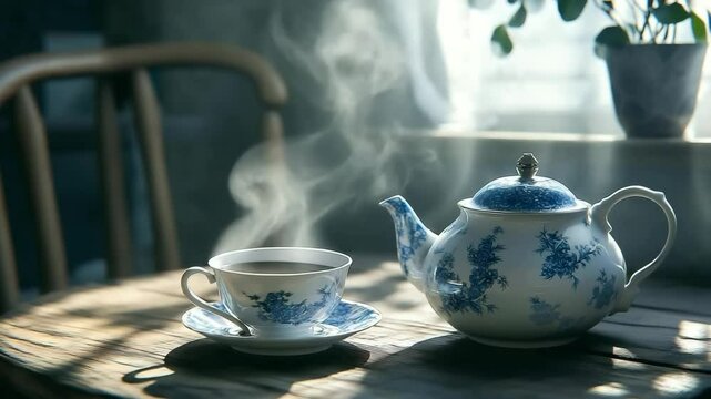A steaming cup of tea in a delicate porcelain cup and antique porcelain teapot on a wooden table	