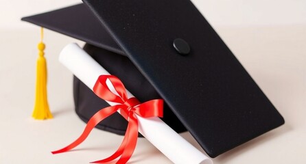 The focus is on a black graduation cap with a yellow tassel and a white diploma with a red ribbon, set against a plain white background, a symbol of learning and accomplishment