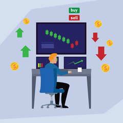 stock market trader at a desk with multiple monitors displaying charts