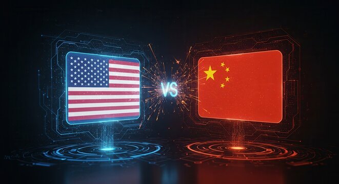 Futuristic interface showing the American flag versus the Chinese flag in a digital battle. Concept for technology, competition, trade, and international relations. - Powered by Adobe