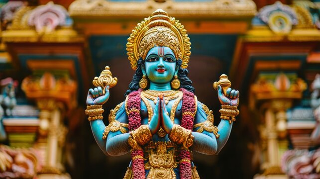 Standing Vishnu statue with detailed carvings and vibrant colors
