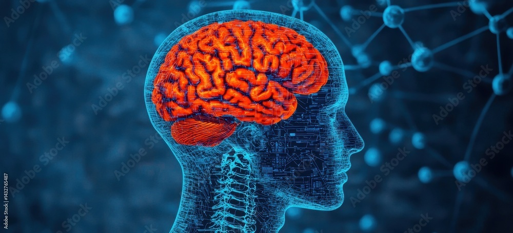 Poster futuristic digital brain concept with neural network background
