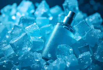 Facial Toner Bottle Surrounded By Crushed Ice Cubes And Frost On The Bottle’s Surface, Creating a Chill, Invigorating Atmosphere, Studioshot Product Photography Concepts
