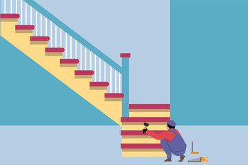 a person installing carpeted stairs with a hammer, set against a blue wall.
