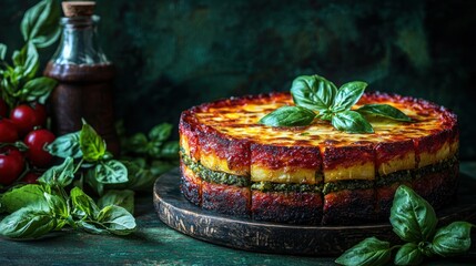 Delicious Polenta Cake with Pesto and Tomato Sauce