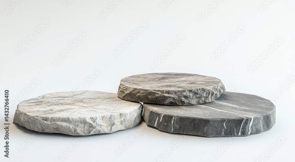 Poster three stacked round gray and white stone disks on a white background