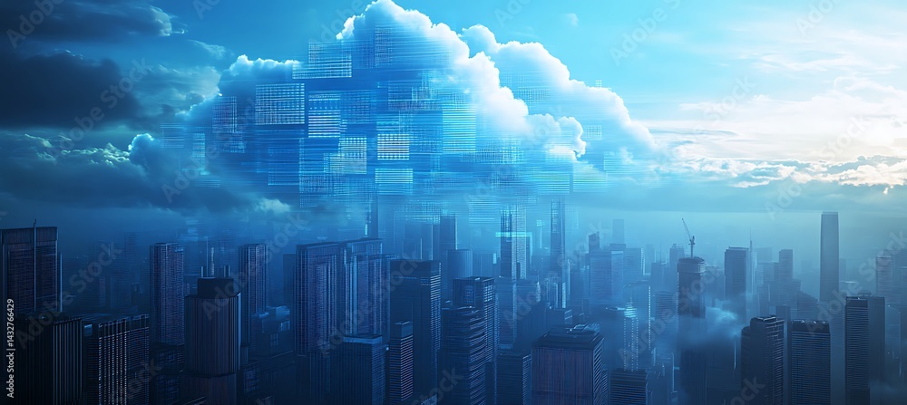 Poster how cloud computing transforms urban landscapes with virtualized servers seamlessly integrated into 