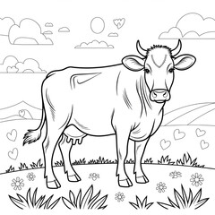 ‎A black and white cow illustration line art of a coloring page