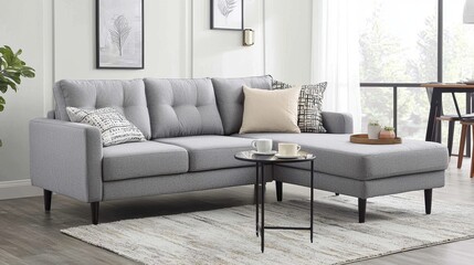Modern Grey Sofa with Pillows in Stylish Living Room Setting