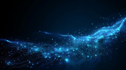 Glowing blue quantum computing circuit board with flowing wave data streams and explosive energy burst symbolizing next-generation high-speed technology and futuristic digital innovation