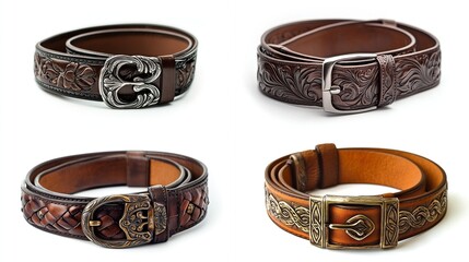 Four handcrafted leather belts with ornate buckles.