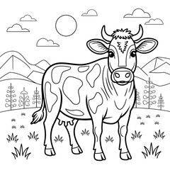 ‎A black and white cow illustration line art of a coloring page