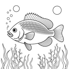‎A black and white fish illustration line art of a coloring page