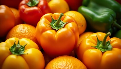 Close-up of juicy oranges and colorful bell peppers in Sorrento, fruits, vegetables