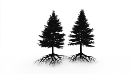 Black silhouette of two pine trees with roots on a white background.
