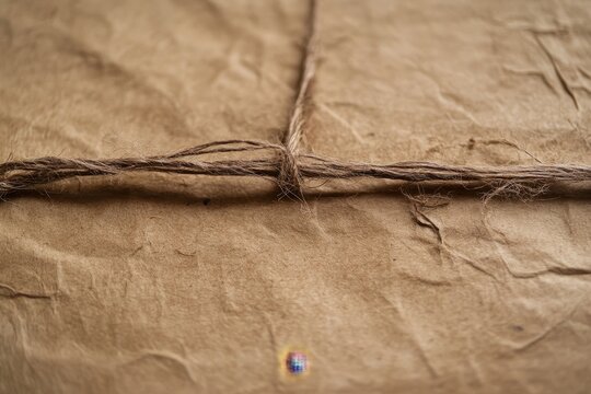 Close-up view of a rustic package tied with twine.