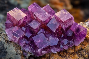 Fototapeta premium A cluster of purple cubic fluorite crystals on a brown rock matrix is displayed. Use this for geology, science, or a decorative mineral illustration.