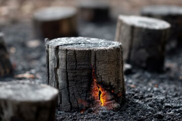 Fototapeta premium Burning Tree Stump Close-Up with Glowing Embers and Charred Wood, Shows the Aftermath of Controlled Fire