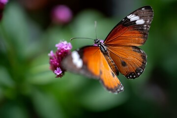 Naklejka premium Monarch Butterfly resting gracefully on vibrant Verbena flower blooms, showcasing intricate wing patterns in a natural outdoor setting.