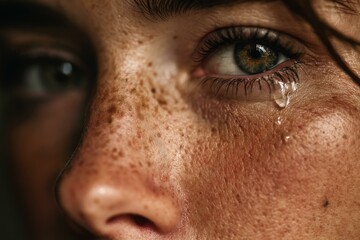 Fototapeta premium Extreme closeup depicts tearful eye with teardrop clinging to lower lash and freckles; conveys sadness and raw emotion