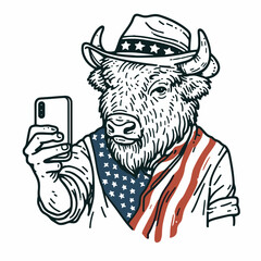 bison wear american flag Taking a selfie. Funny Animal Vector Clip art. Patriotic buffalo portrait photo united states symbol.
